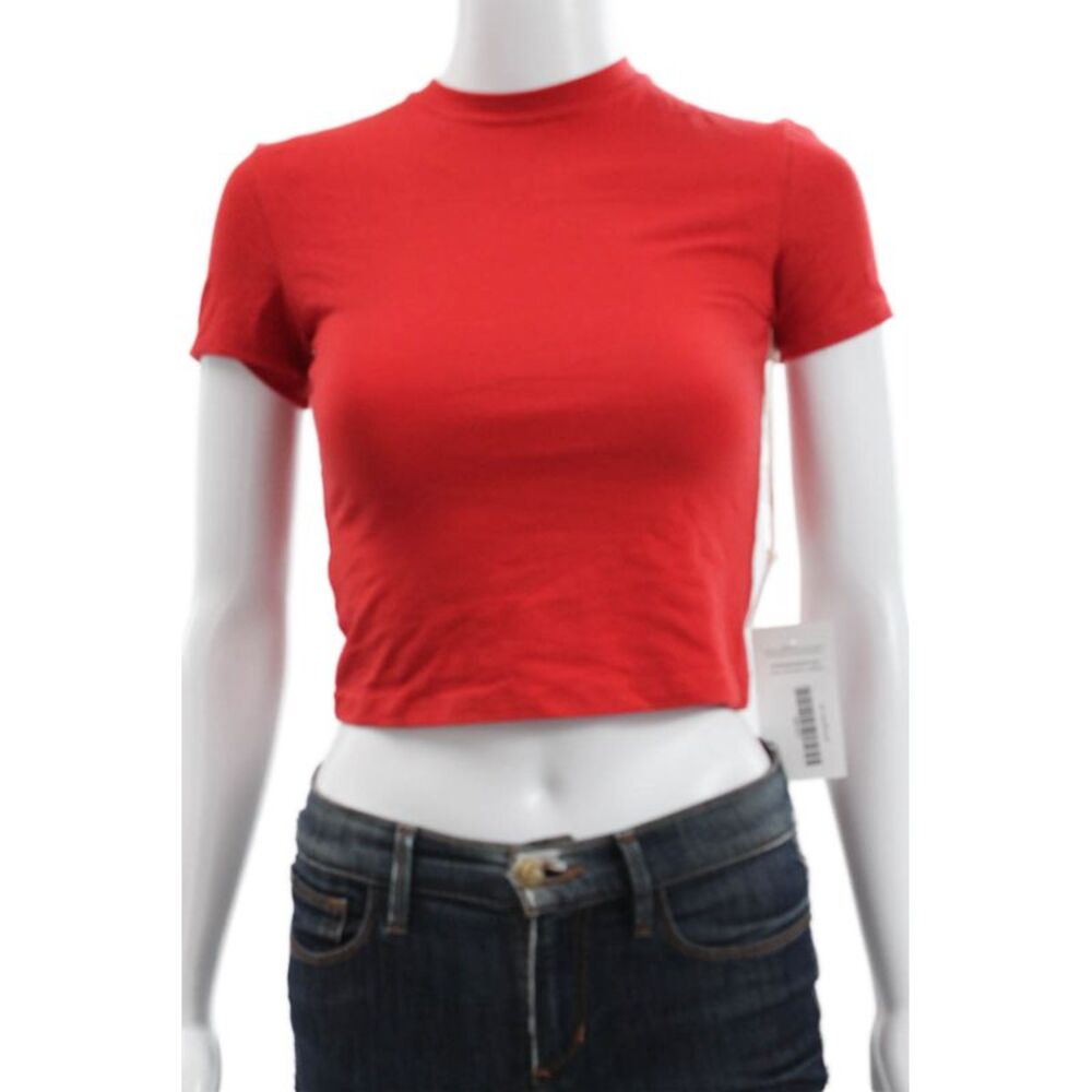 KHY Womens Cropped Red Cotton Mock Neck Short Sleeve T-Shirt Size XS
